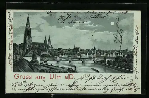 Lithographie Ulm a. D., Ortsansicht mit Flussbrücke