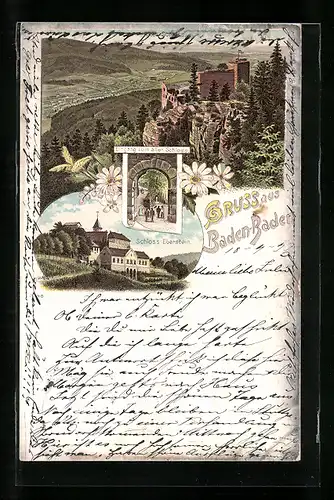 Lithographie Baden-Baden, Altes Schloss, Schloss Eberstein, Eingang zum alten Schloss