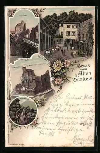 Lithographie Baden-Baden, alte Schloss, Rittersaal, Teufelsbrücke, Altes Schloss v. d. West-Seite