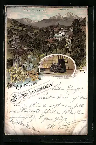 Lithographie Berchtesgaden, Ortsansicht mit Watzmann, Einfahrt in den Ferdinandberg