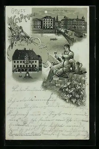 Mondschein-Lithographie Heilbronn, Brücke mit Post, Rathaus, Heilbronnerin mit Weinglas in der Hand