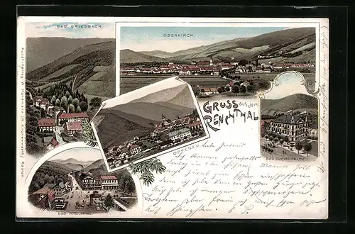 Lithographie Oberkirch, Totalansicht, Blick auf Bad Griesbach und Oppenau