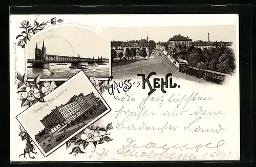 Lithographie Kehl, Grossherzog Friedrich Kaserne, Rheinpartie mit Brücke, Ortspartie aus der Vogelschau