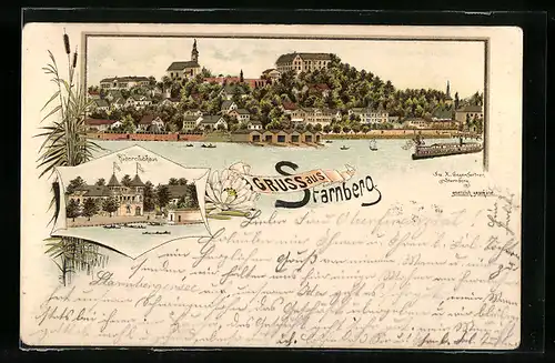Lithographie Starnberg, Panorama vom Wasser aus gesehen, Ruderclubhaus
