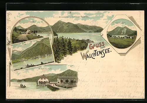 Lithographie Walchensee, Klösterl, Eschenbach