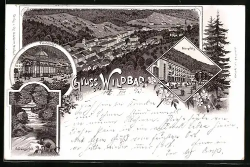 Vorläufer-Lithographie Wildbad, 1895, Ortsansicht, Kurplatz, Trinkhalle und Rollwasserfall