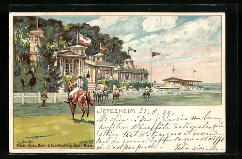 Lithographie Iffezheim, Gasthaus und Jockeys auf Pferden