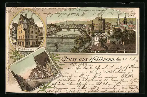 Lithographie Heilbronn, Neckaransicht mit Götzenturm, Käthchenhaus, Kirchbrunnenstrasse