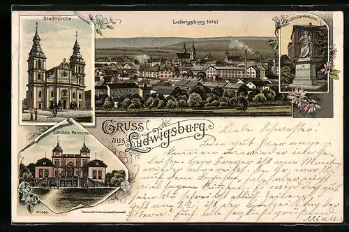 Lithographie Ludwigsburg, Totalansicht, Stadtkirche, Schillerdenkmal und Schloss Favorite
