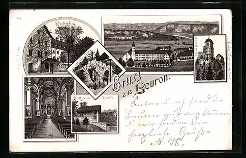 Lithographie Beuron, Klosterplatz, Lourdes-Grotte, Kirche, St. Maurus Kapelle und Schloss Bronnen