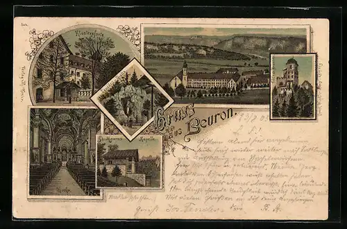 Lithographie Beuron, Klosterplatz, Schloss Bronnen, St. Maurus Kapelle, Kirche und Lourdes-Grotte