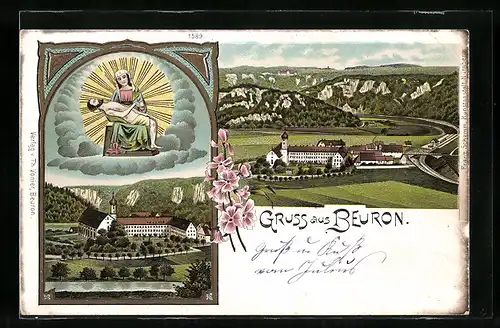 Lithographie Beuron, Ortsansicht aus der Vogelschau