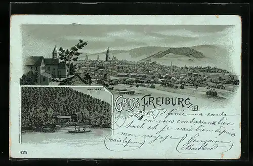 Mondschein-Lithographie Freiburg i. Br., Gesamtansicht, Waldsee