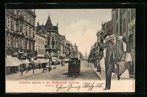 AK Karlsruhe, Strassenbahn auf der Kaiserstrasse