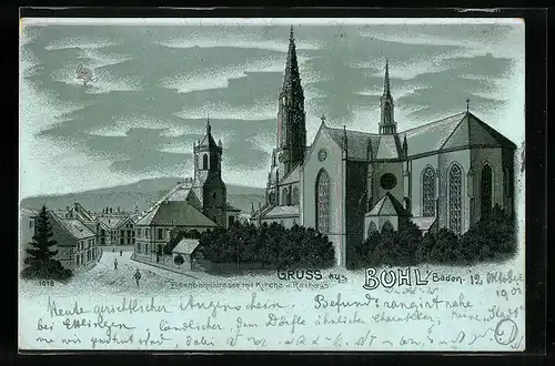 Lithographie Bühl i. Baden, Blick in die Eisenbahnstrasse mit Kirche u. Rathaus