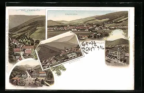 Lithographie Oberkirch, Totalansicht, Blick auf Bad Griesbach und Oppenau