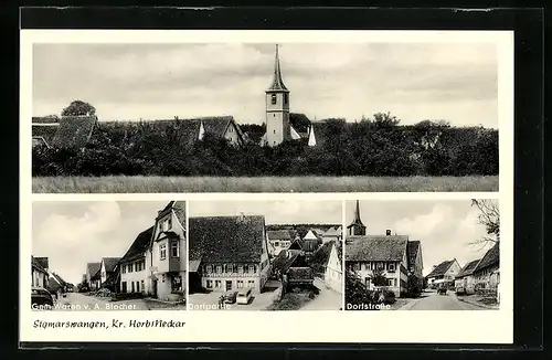 AK Sigmarswangen, Ortspartie mit Kirche, Dorfstrasse, Gemischtwarenladen von A. Blocher