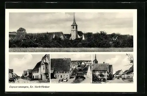 AK Sigmarswangen, Ortspartie mit Kirche, Dorfstrasse, Gemischtwarenladen von A. Blocher