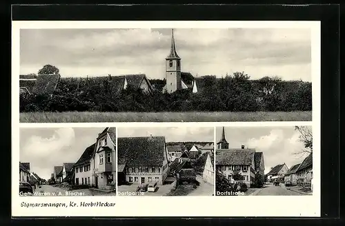 AK Sigmarswangen, Dorfpartie, Blick zur Kirche, Gemischtwarenladen von A. Blocher, Dorfstrasse