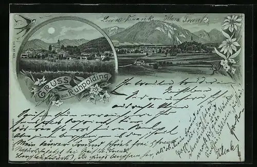 Lithographie Ruhpolding, Teilansicht, Ortspartie mit Kirche