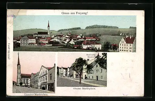 AK Freyung, Oberer Marktplatz mit Märkl`sche Brauerei, Unterer Marktplatz mit Kirche, Teilansicht