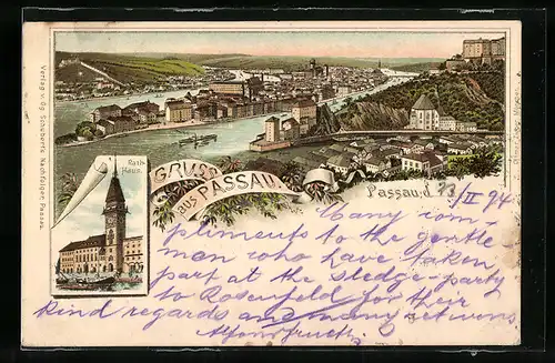 Vorläufer-Lithographie Passau, 1894, Teilansicht, Rathaus