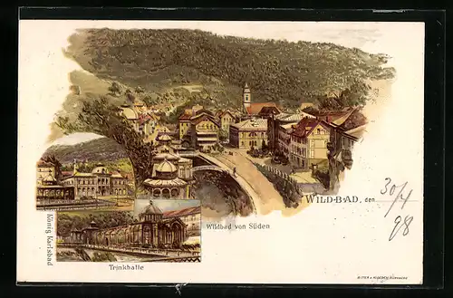 Lithographie Wildbad, Trinkhalle, Teilansicht von Süden
