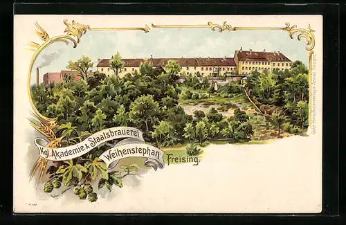 Lithographie Freising, Kgl. Akademie & Staatsbrauerei Weihenstephan