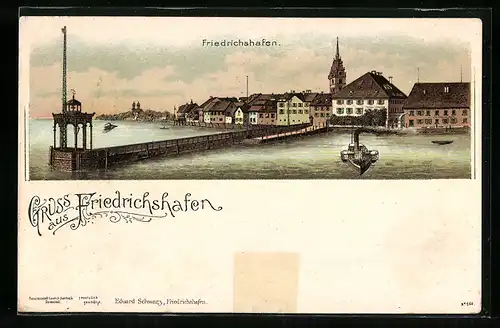 Lithographie Friedrichshafen, Dampfer an der Hafenpartie