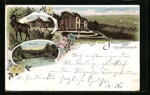 Lithographie Baden-Baden, Gasthaus Jagdhaus, Waldsee, Pavillon