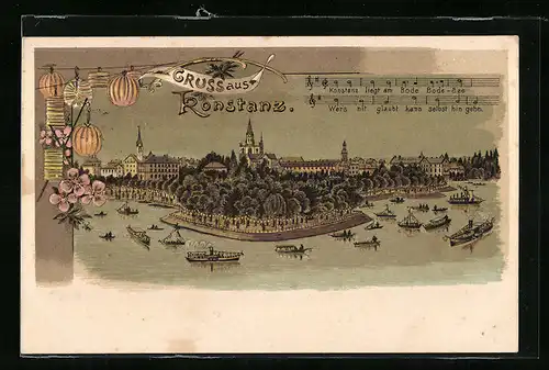 Lithographie Konstanz, Beleuchtete Uferpromenade mit Dampfern aus der Vogelschau