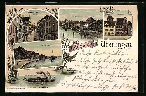 Lithographie Überlingen, Hafeneinfahrt, Rathaus, Franziskaner Strasse, Dampfer auf dem Bodensee