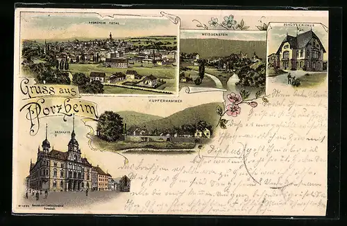 Lithographie Pforzheim, Gasthaus Schützenhaus, Rathaus