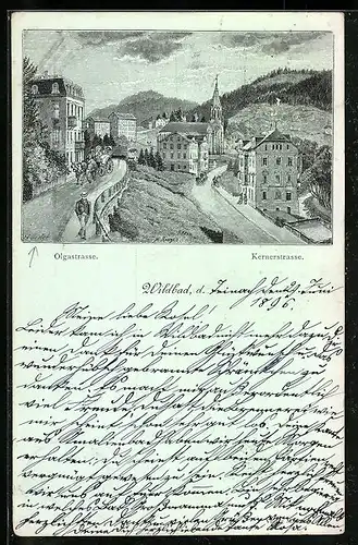 Lithographie Wildbad, Olgastrasse und Kernerstrasse mit Kirche