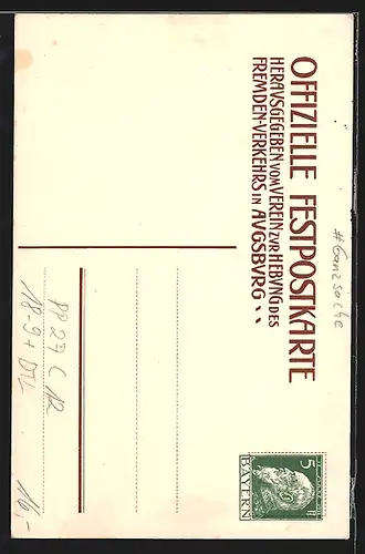 Künstler-AK Augsburg, Ganzsache Bayern PP27C12, Grossstadtfeier 1911, Mann errichtet eine Säule