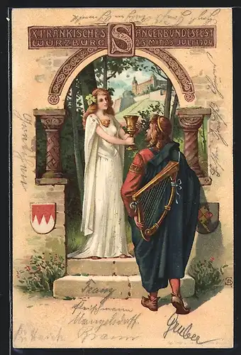 AK Ganzsache Bayern PP15C67 /01: Würzburg, X. fränkisches Sängerbundesfest 1904, Frau reicht Harfespieler einen Kelch