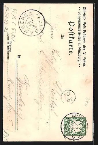 AK Ganzsache Bayern PP15C67 /01: Würzburg, X. fränkisches Sängerbundesfest 1904, Frau reicht Harfespieler einen Kelch