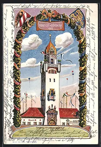Künstler-AK Ganzsache Bayern PP15C46 /02: Nürnberg, Volksfest 1903, Turm am Verwaltungsgebäude