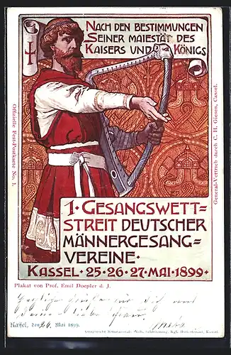 Künstler-AK Ganzsache PP9C99: Kassel, 1. Gesangswettstreit Deutscher Männergesang-Vereine 1899