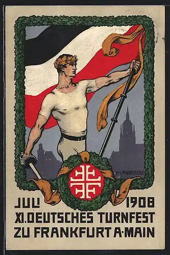 Künstler-AK Ganzsache PP27C97/01: Frankfurt /Main, Turnfest 1908, Turner mit deutscher Flagge vor der Stadt