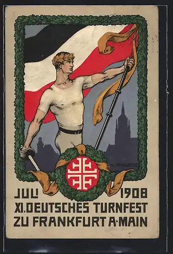Künstler-AK Ganzsache PP27C97/01: Frankfurt /Main, Turnfest 1908, Turner mit deutscher Flagge vor der Stadt