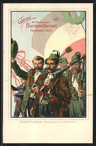 Lithographie Ganzsache PP27C17: Hannover, 14. Bundesschiessen 1903, Schützen mit Gewehren