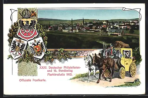 AK Ganzsache Bayern: Marktredwitz, XXIV., Deutscher Philatelisten- und 16. Bundestag 1912, Postkutsche, Wappen