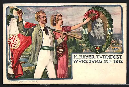 Künstler-AK Ganzsache Bayern PP27C62 /03: Würzburg, 14. Bayer. Turnfest 1912, Sportlerpaar mit Flagge, Turnvater Jahn