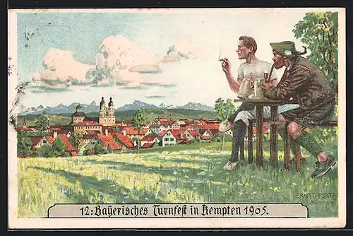 Künstler-AK Ganzsache Bayern PP15C76 /05: Kempten, Turnfest 1905, Ortsansicht mit Biertrinkern