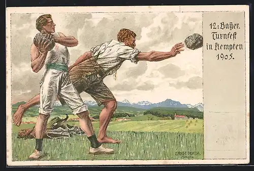 Künstler-AK Ganzsache Bayern PP15C76 /02: Kempten, 12. Bayer. Turnfest 1905, Steinstosser