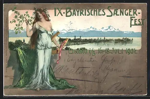 Künstler-AK Ganzsache Bayern PP15C64: Lindau, IX. Bayrisches Sängerfest 1904, Insel gegen Bodensee und Alpen