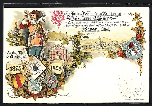 Lithographie Ganzsache Bayern PP15C6: Landau /Pfalz, 16. Verbands- und 25jähriges Jubiläums-Schiessen 1898