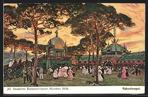Künstler-AK Ganzsache Bayern PP15C90 /02: München, XV. Deutsches Bundesschiessen 1906, Gabentempel im Abendlicht