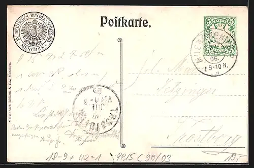 Künstler-AK Ganzsache Bayern PP15C90 /03: München, XV. Deutsches Bundesschiessen 1906, Hauptportal zum Festplatz